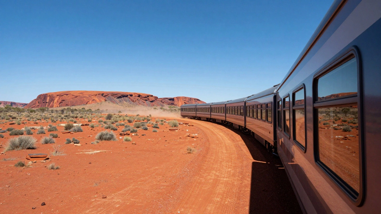 The Ghan luxury train traveling through the red Australian Outback