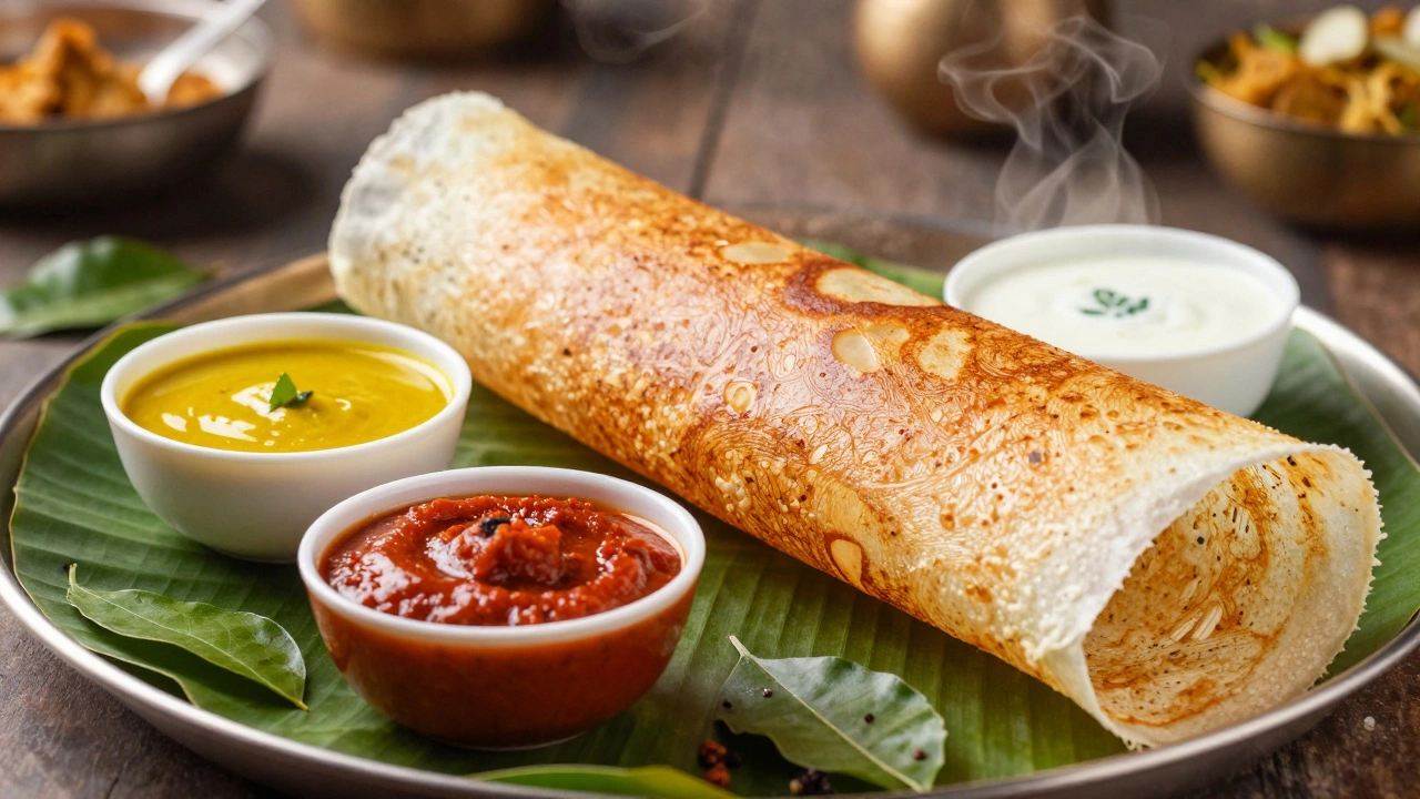 Traditional South Indian dosa meal on a banana leaf