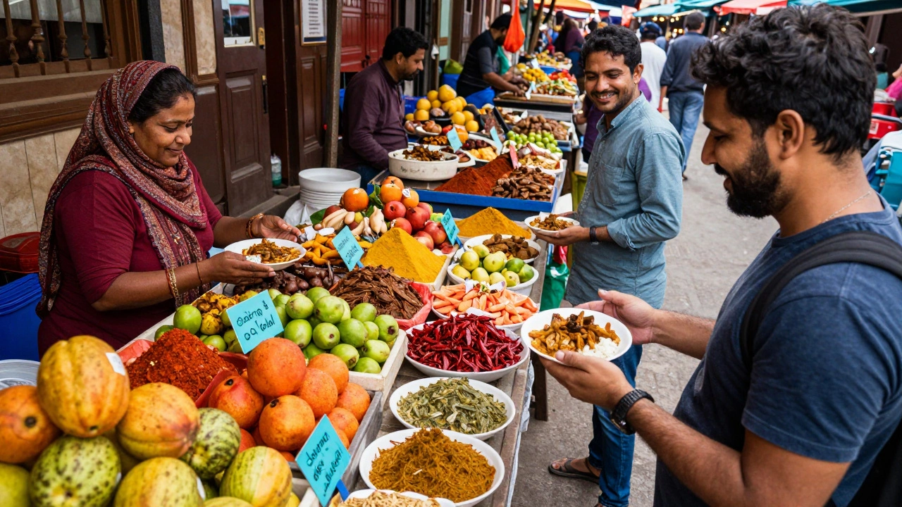Vibrant local market scene with traveler buying street food
