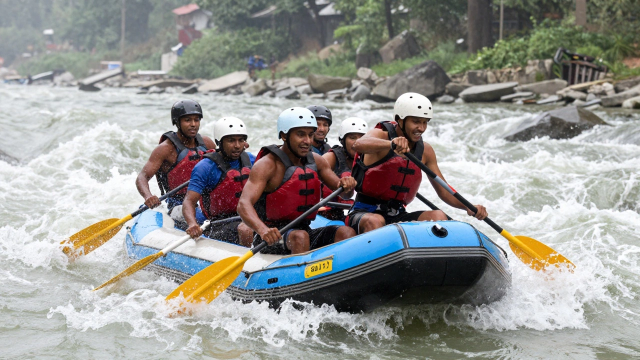 Adventurers rafting through turbulent rapids in Rishikesh
