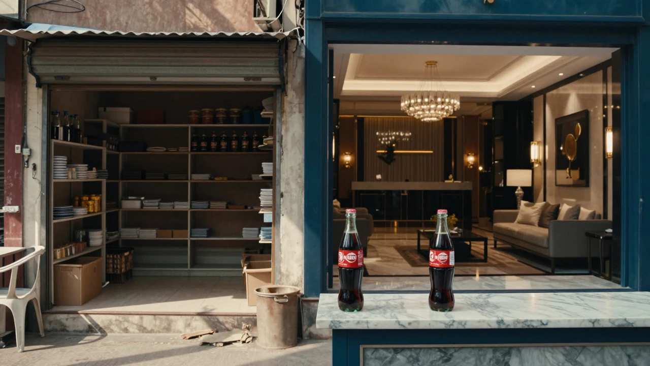 Contrast between cheap street shop and expensive hotel lobby pricing