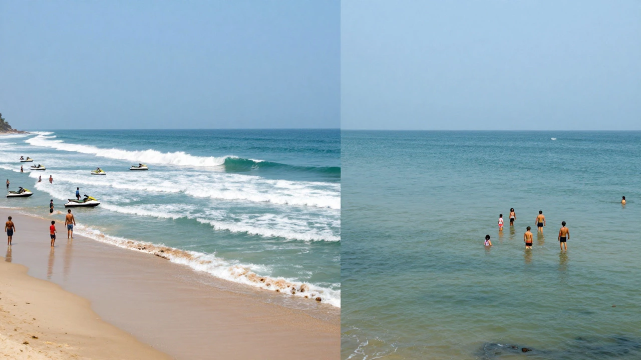 Contrast between rough North Goa surf and calm South Goa waters