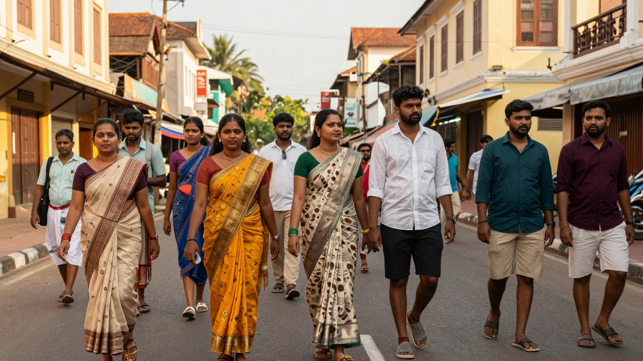 Locals and tourists walking in modest attire in Kochi city