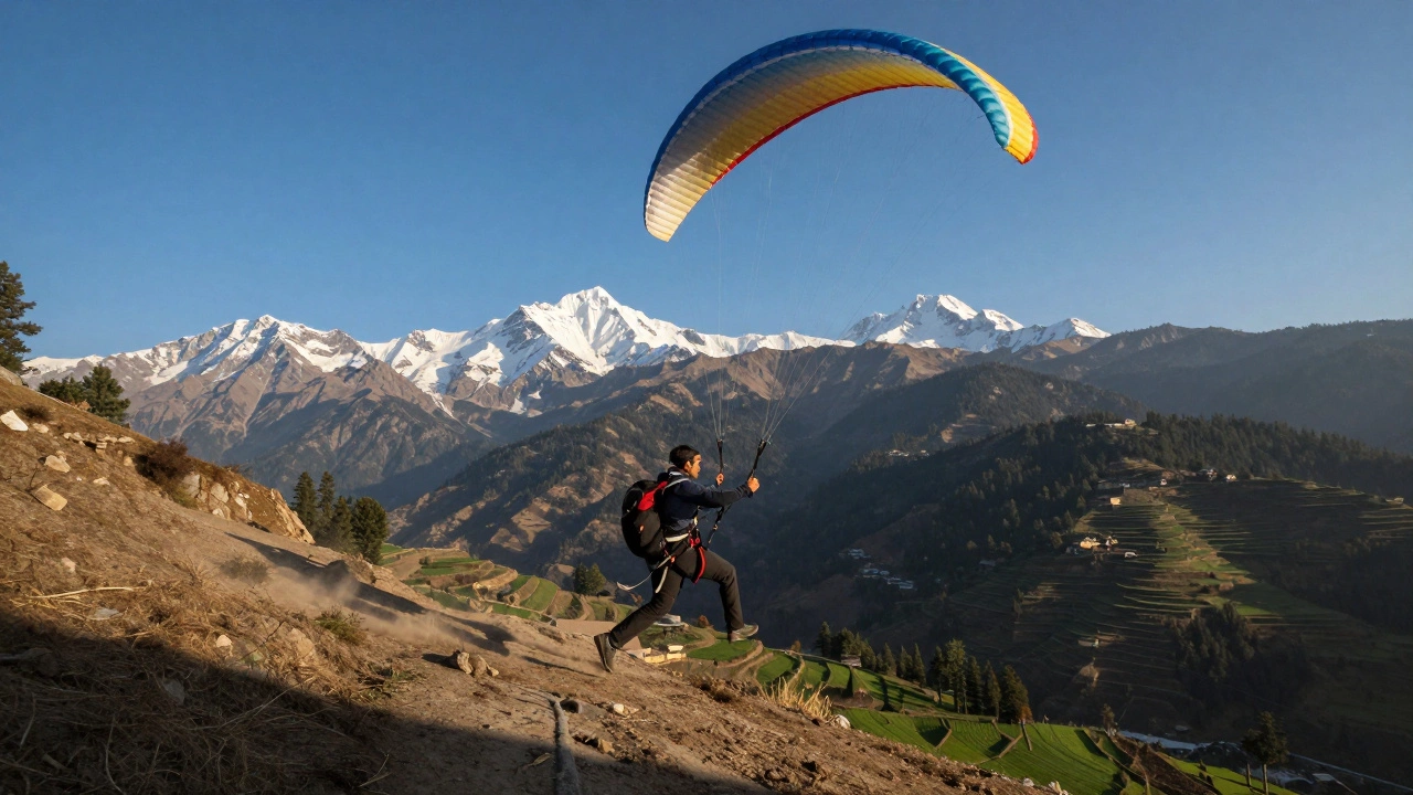 Paraglider launching off a cliff in Bir Billing mountains