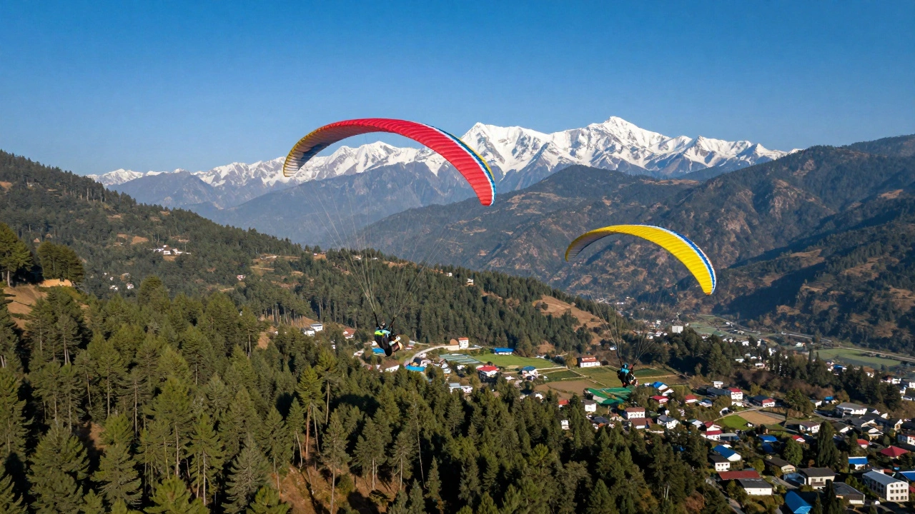 Paragliders soaring over pine forests in Bir Billing