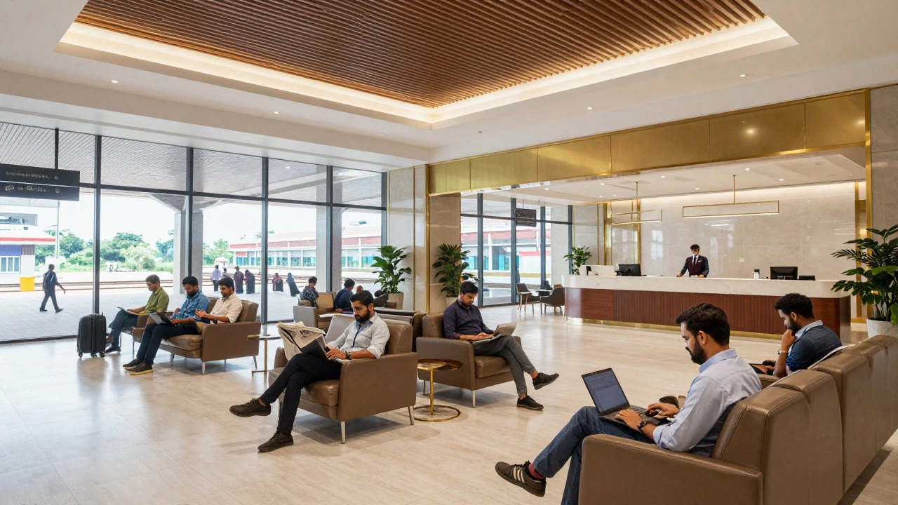 Spacious, modern first-class lounge at an Indian railway station