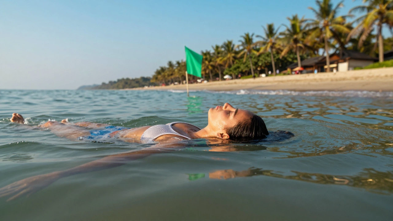 Swimmer relaxing in calm, safe waters at a sunny South Goa beach