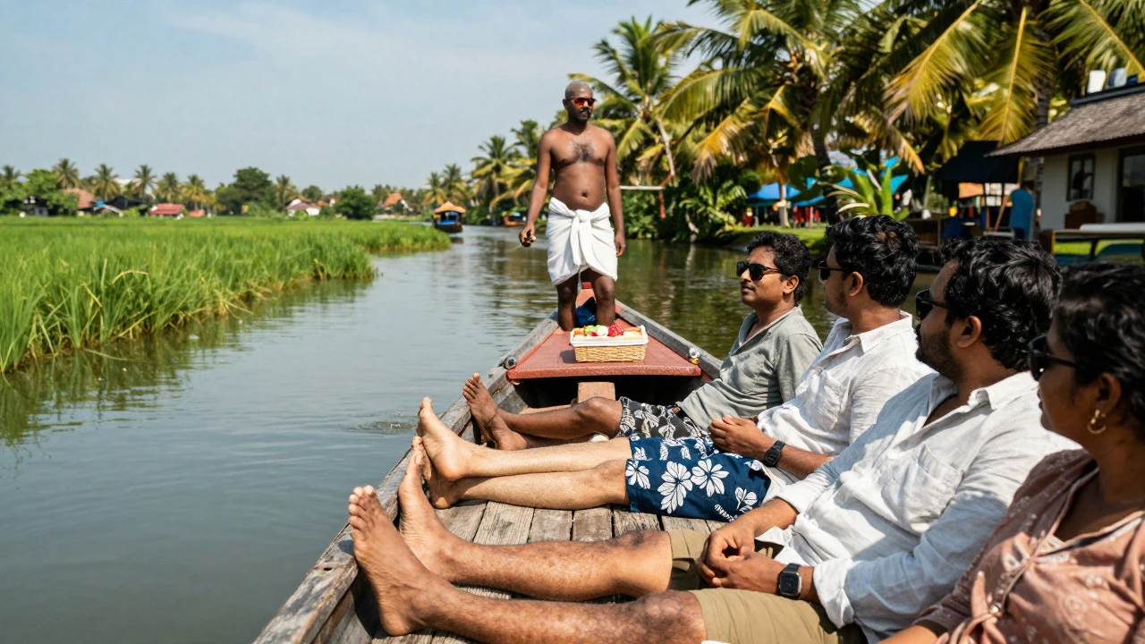 Tourists in casual shorts relaxing on a Kerala houseboat