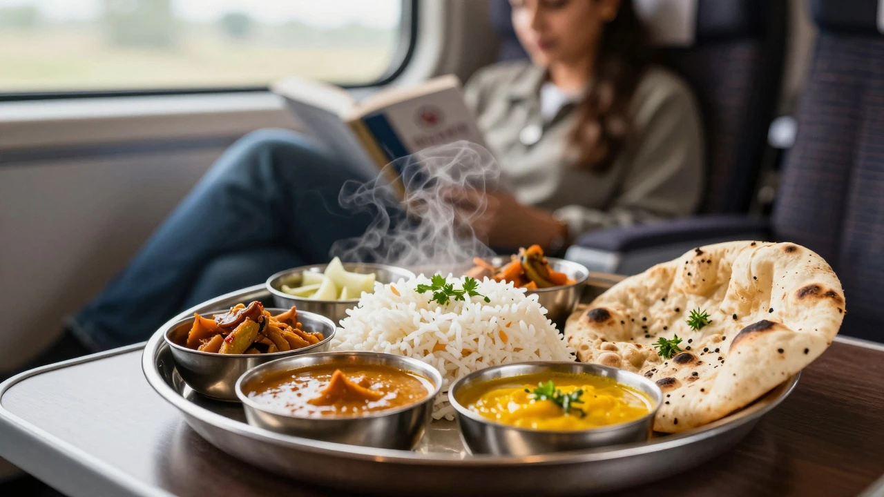 Traditional Indian meal served on a premium train to a first-class passenger