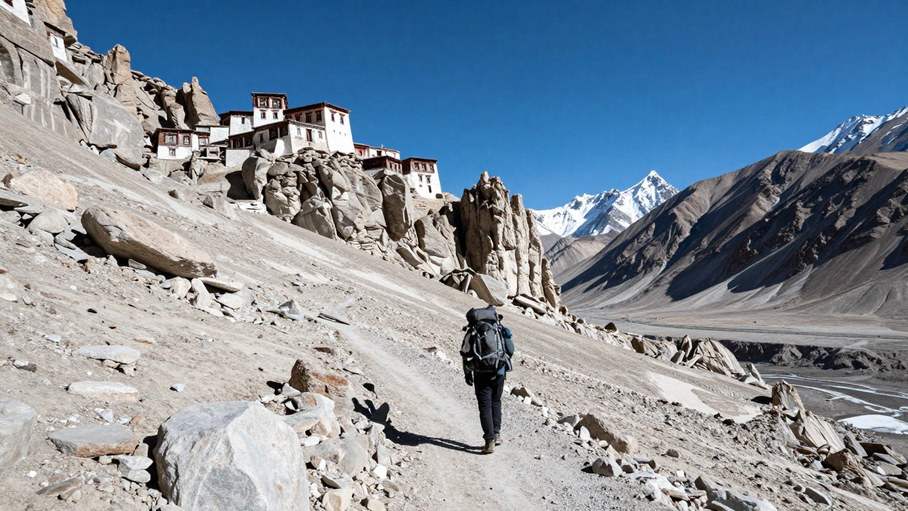 Trekker walking through rugged Spiti Valley landscape