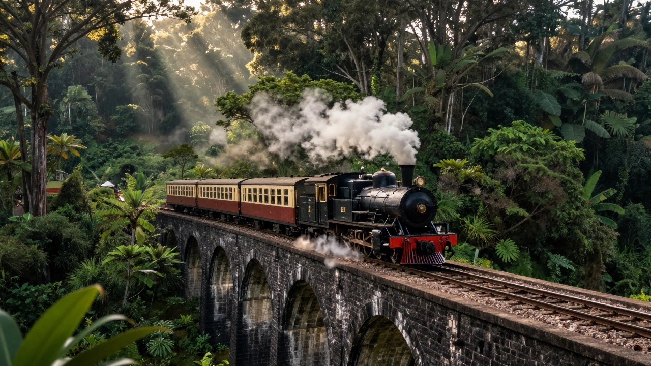 Vintage steam toy train crossing a viaduct in Nilgiri forests