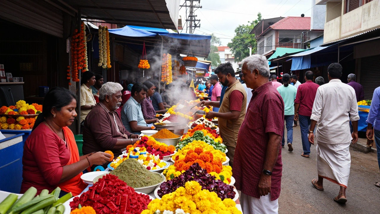 A vibrant market scene in Chennai with colorful flowers, spices, and people in traditional dress