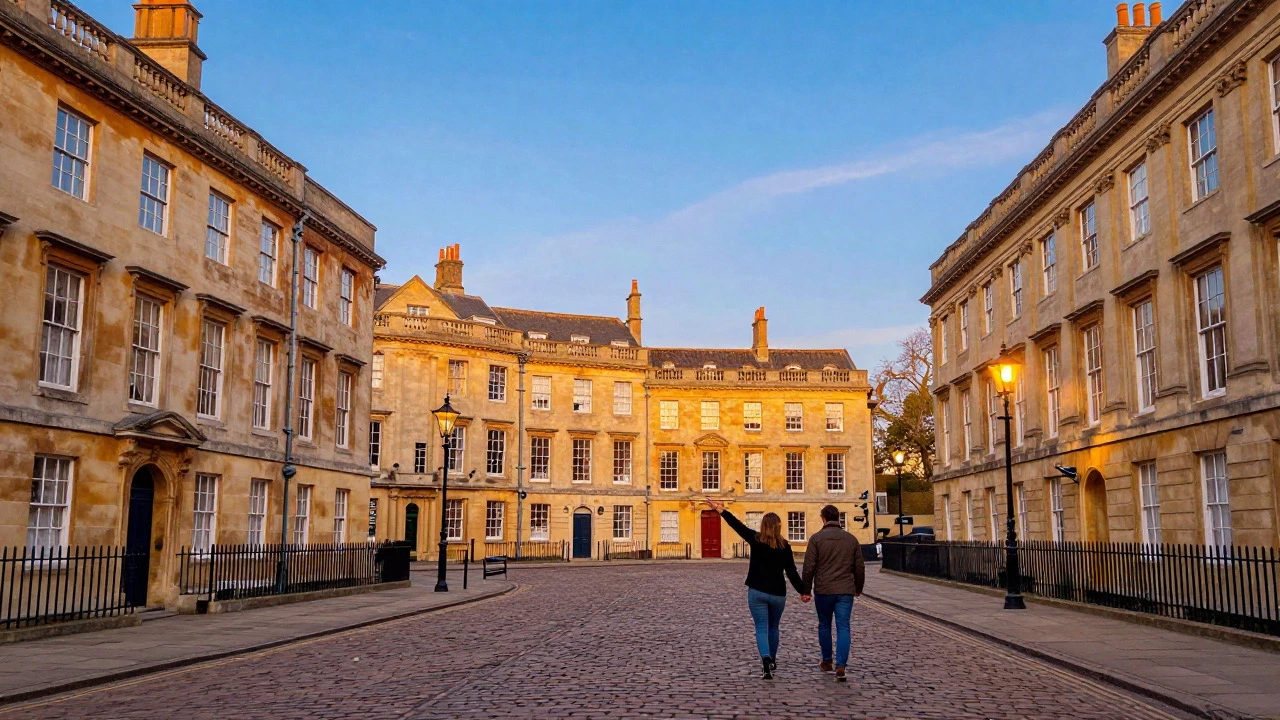 Couple walking leisurely in historic UK town square at sunset
