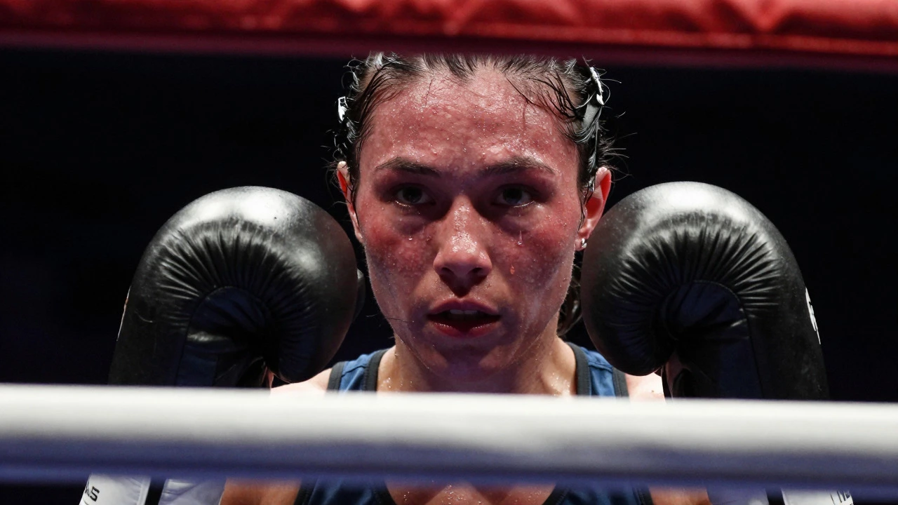 Exhausted female boxer resting in the ring corner
