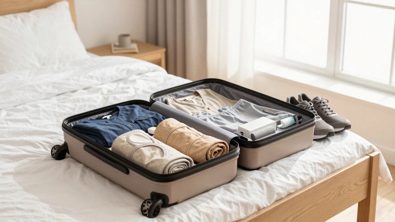 Open suitcase with neatly packed clothes and essentials on bed