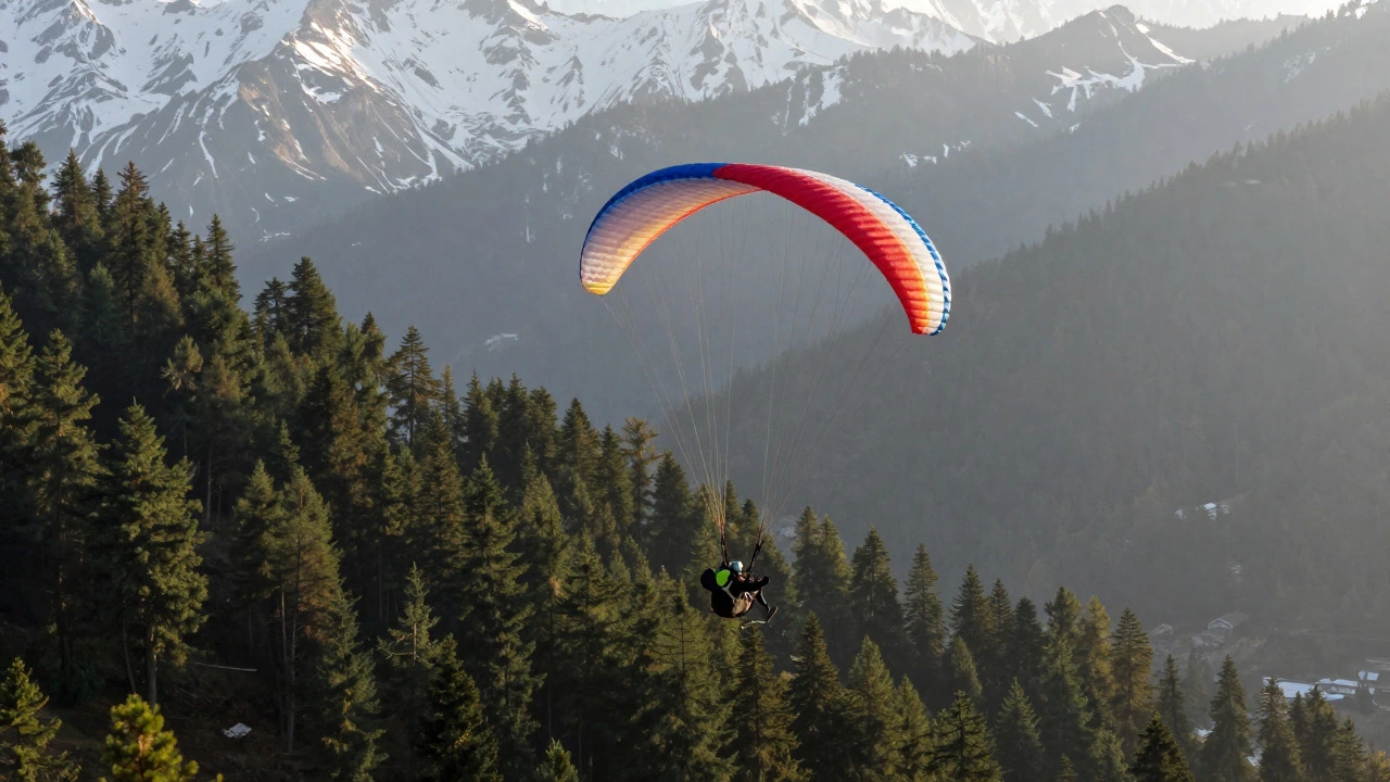 Paraglider soaring over green valleys and mountains in Manali