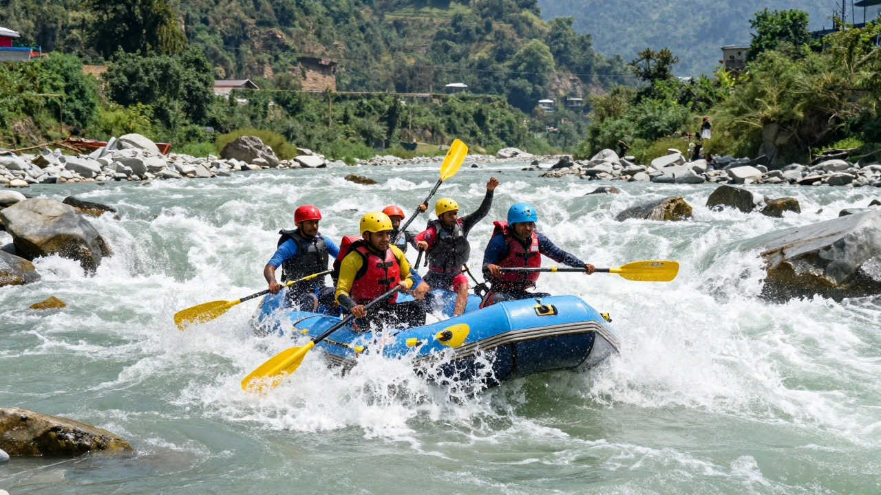 Rafters navigating turbulent white-water rapids on the Ganges River in Rishikesh