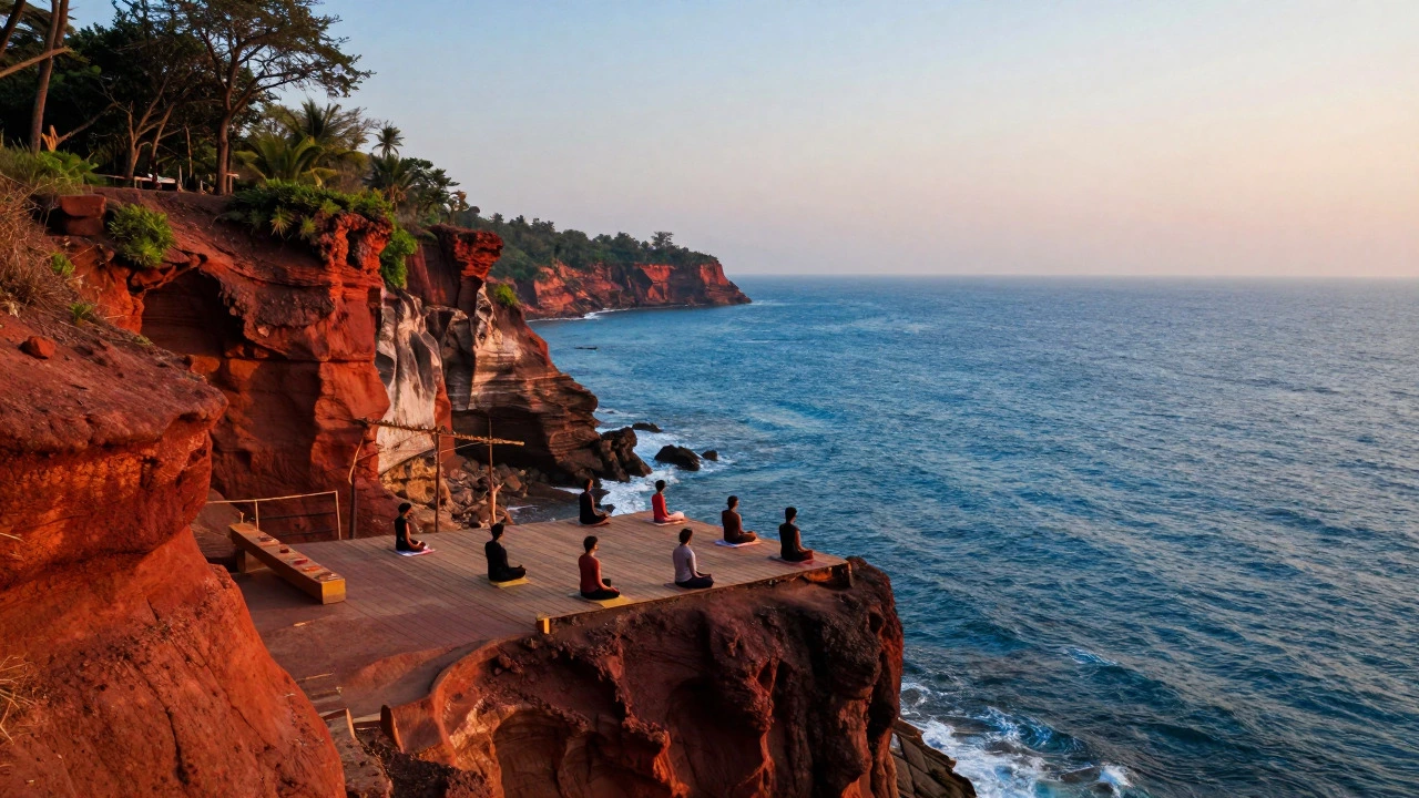 Red cliffs of Varkala overlooking the sea with a yoga deck at sunrise