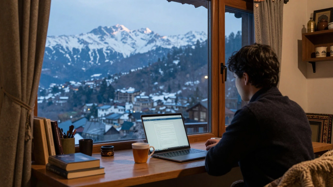 Remote worker viewing snowy mountains