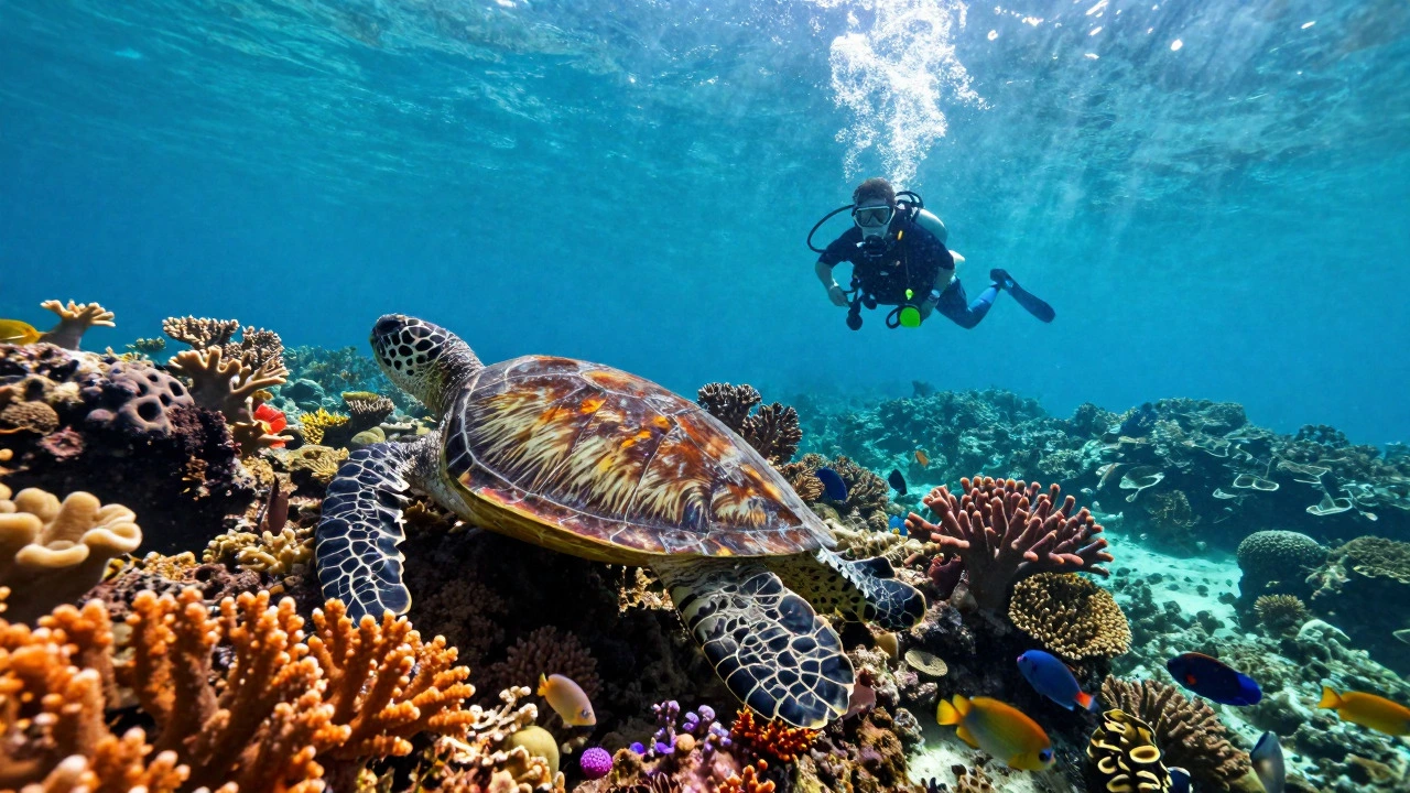 Scuba diver exploring coral reefs with sea life in Andaman