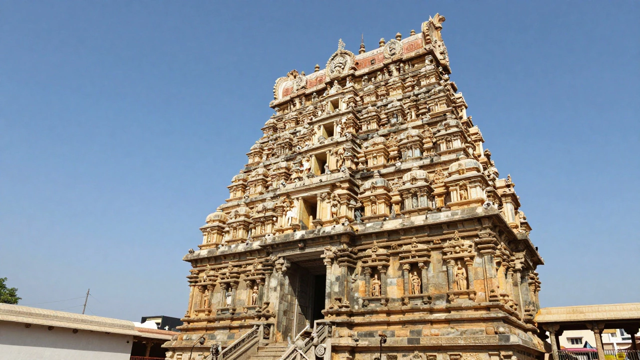 The towering stone gopuram of the Brihadeeswarar Temple stands majestically against a blue sky