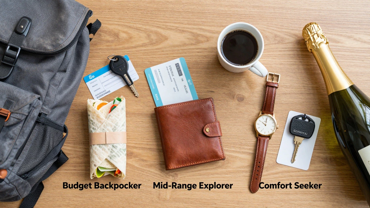 Three sets of travel items on a table representing budget, mid-range, and luxury travel styles