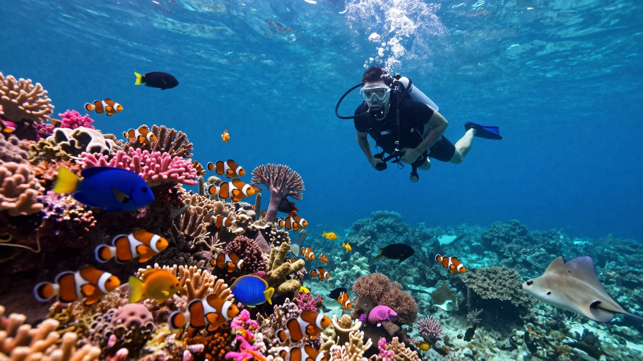 Underwater scene showing a diver among vibrant coral reefs and fish
