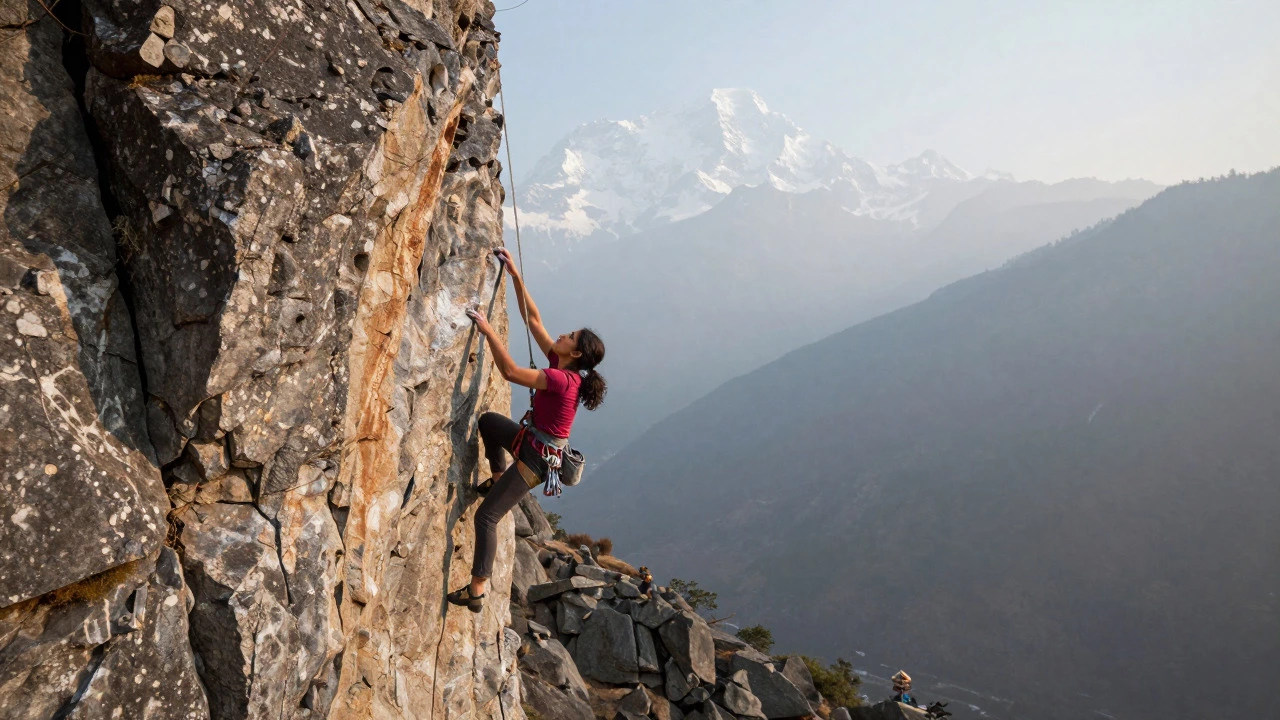 Woman rock climbing in the Himalayas