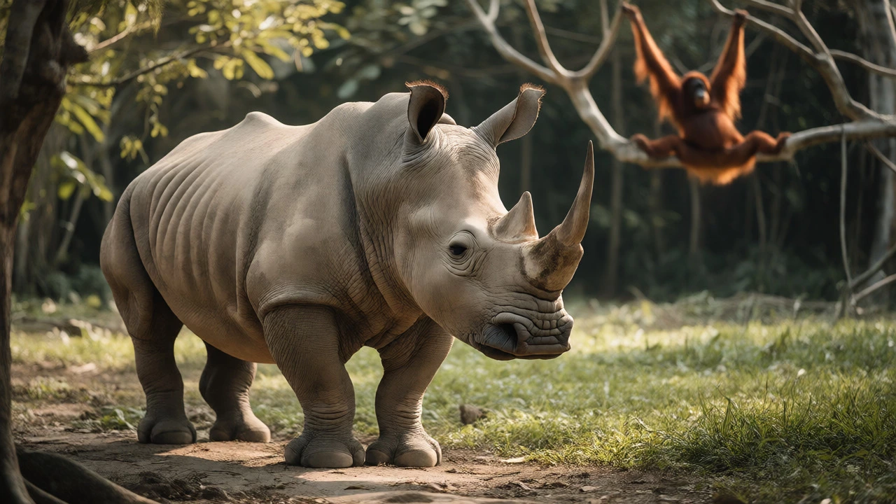 A white rhino stands in a clearing while an orangutan swings in the background trees.