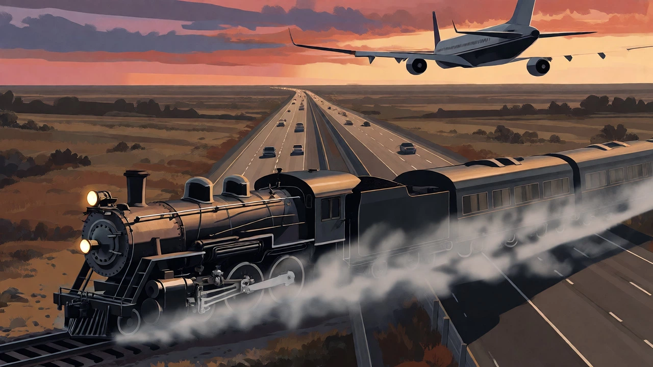 Artistic concept showing a fading train contrasting with a busy highway and airplane in the distance.