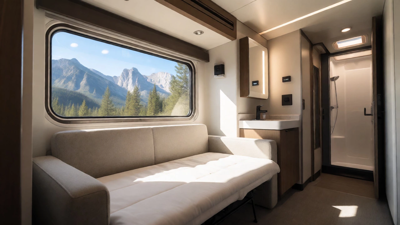 Bright Amtrak bedroom cabin with sunlit views of the Rocky Mountains through the window.