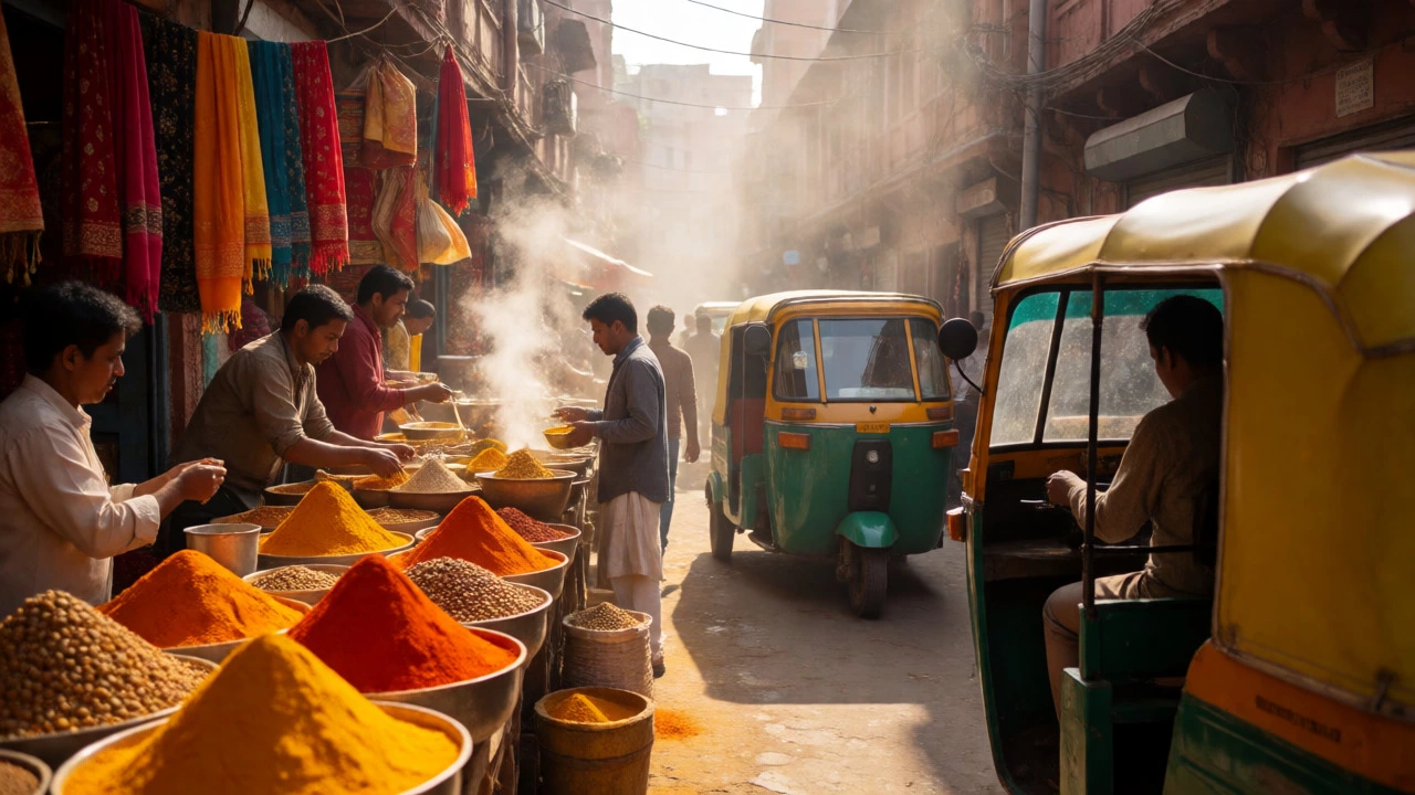 Busy colorful market street in North India