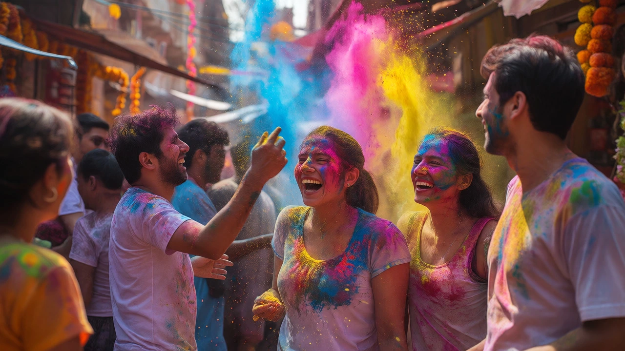 Crowd celebrating Holi festival with colorful powder in a street market