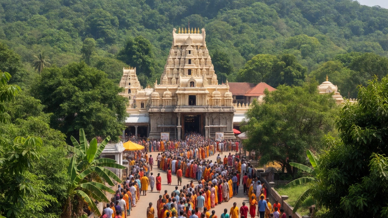 Pilgrims queuing at Tirumala Venkateswara Temple amidst lush green hills