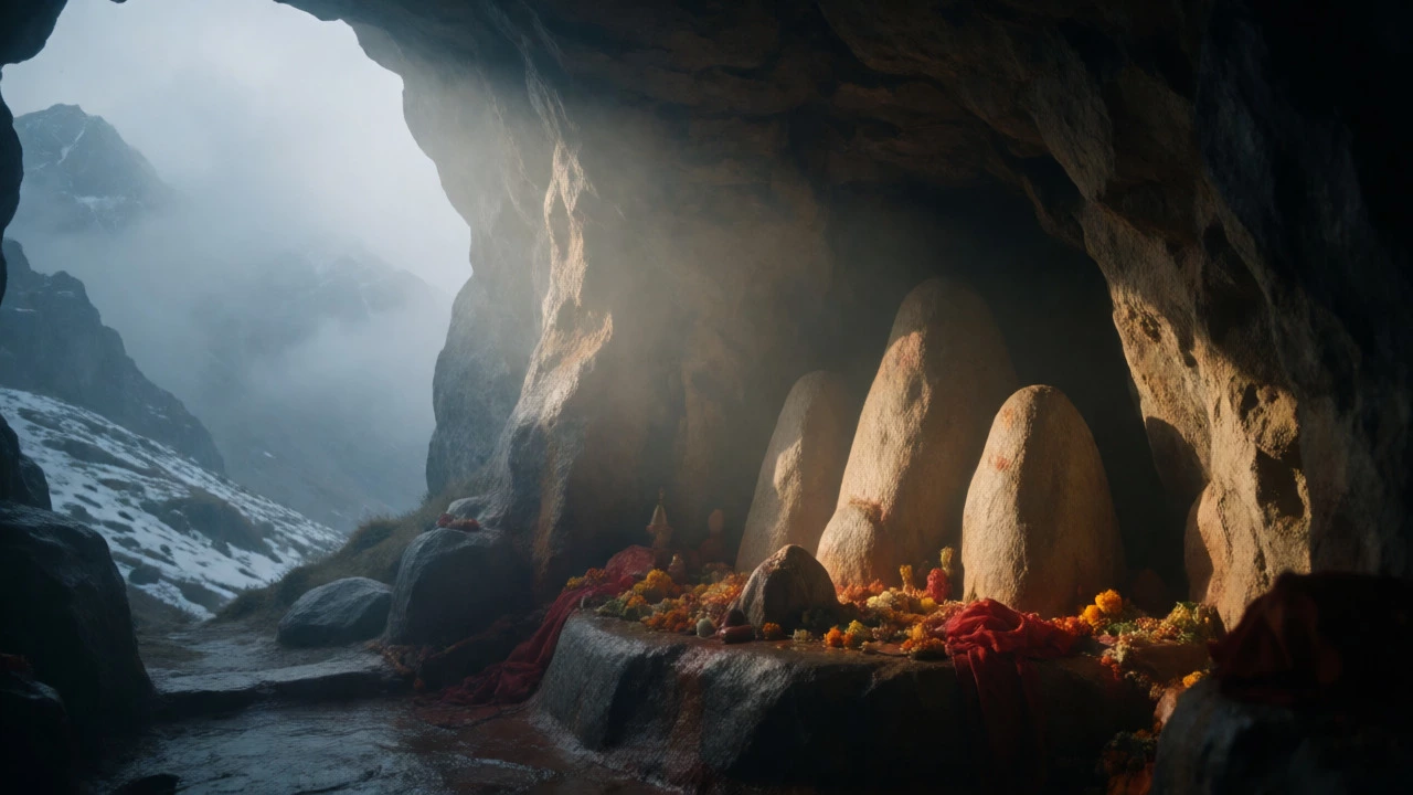 Sacred rock formations inside Vaishno Devi cave with misty mountains outside