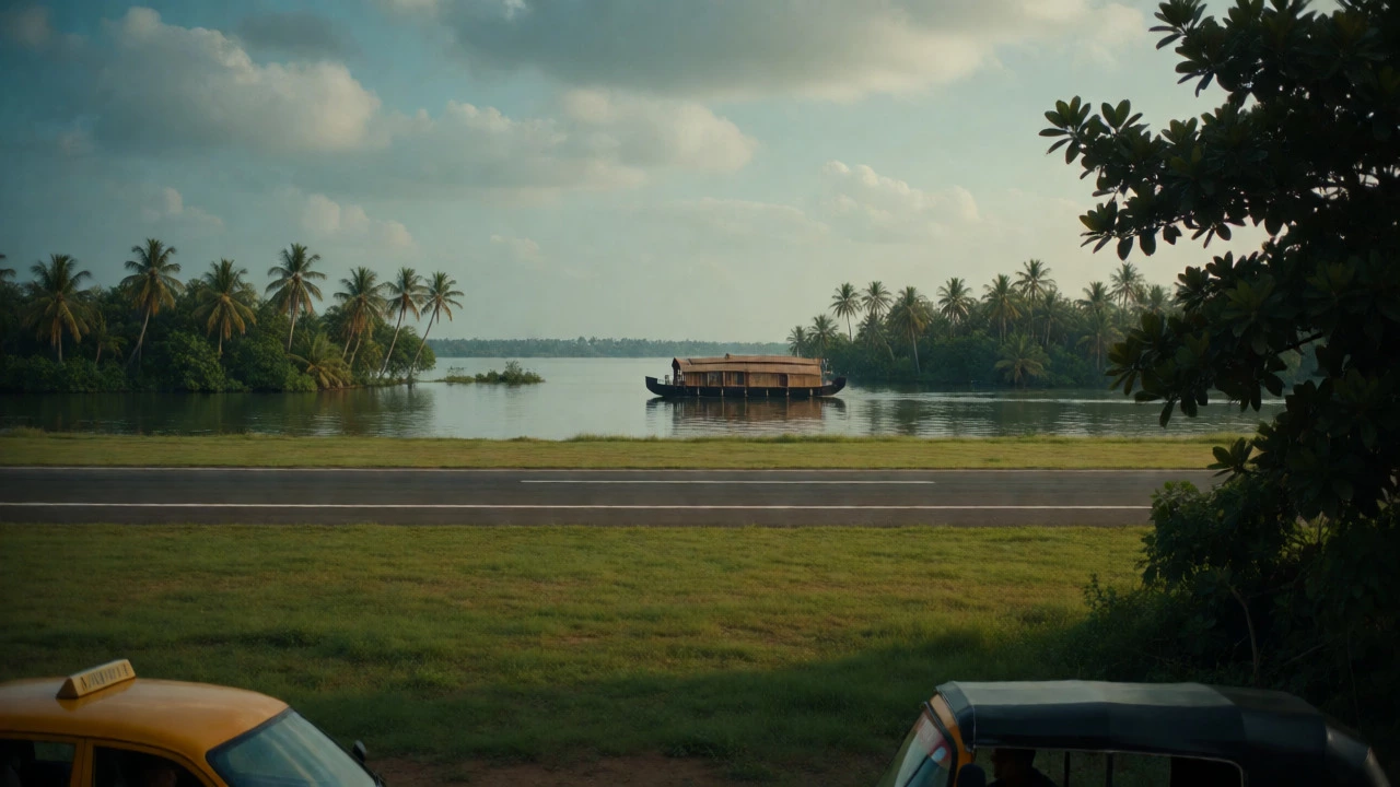 Serene Kerala backwaters with a houseboat, viewed from near an airport, showcasing the destination's beauty.