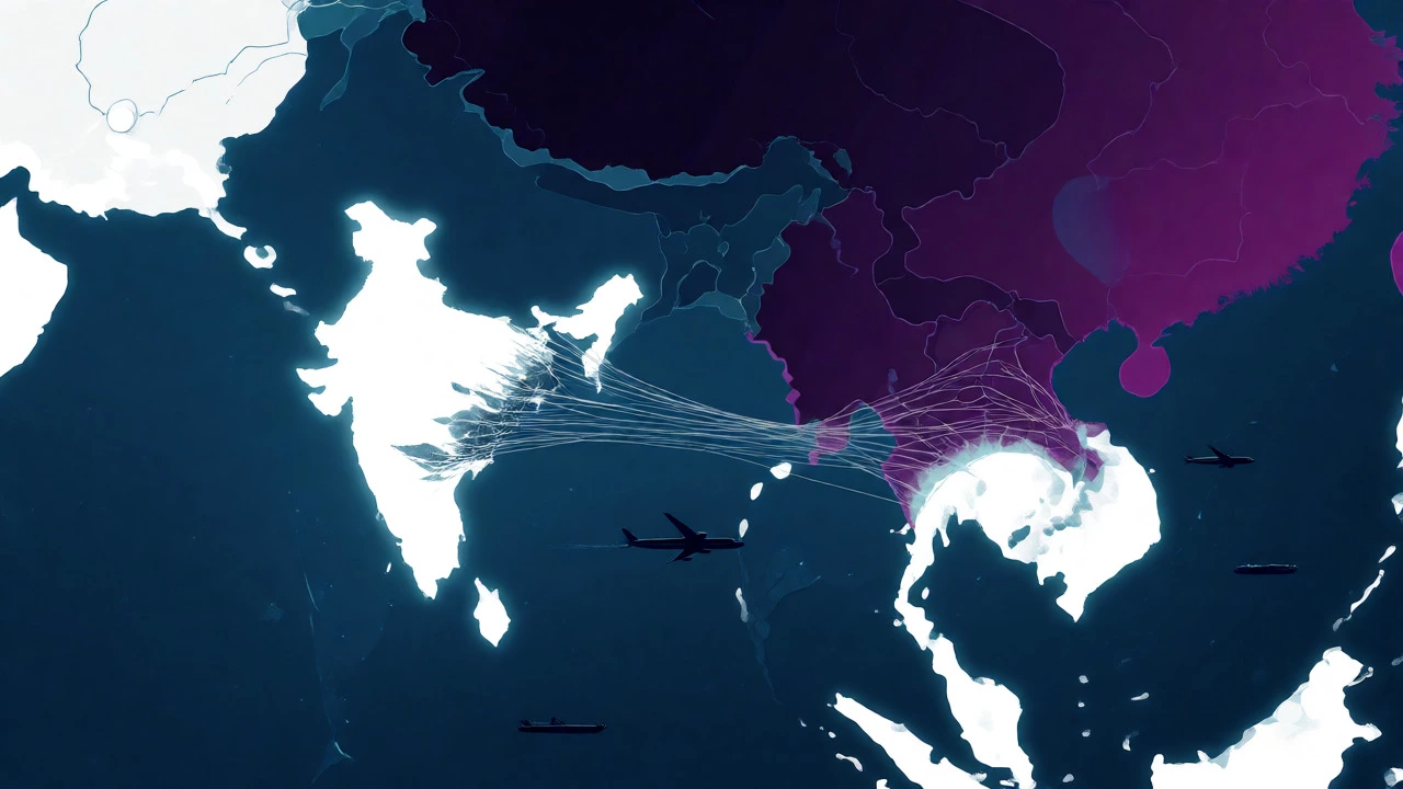 Stylized map showing strained India-Maldives ties and China influence