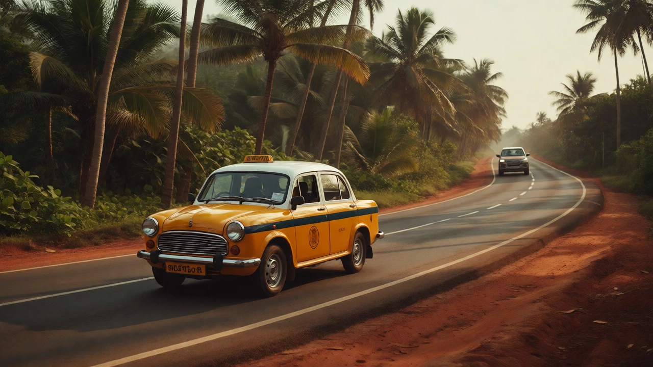 Taxi driving through Goa's tropical landscape near beaches