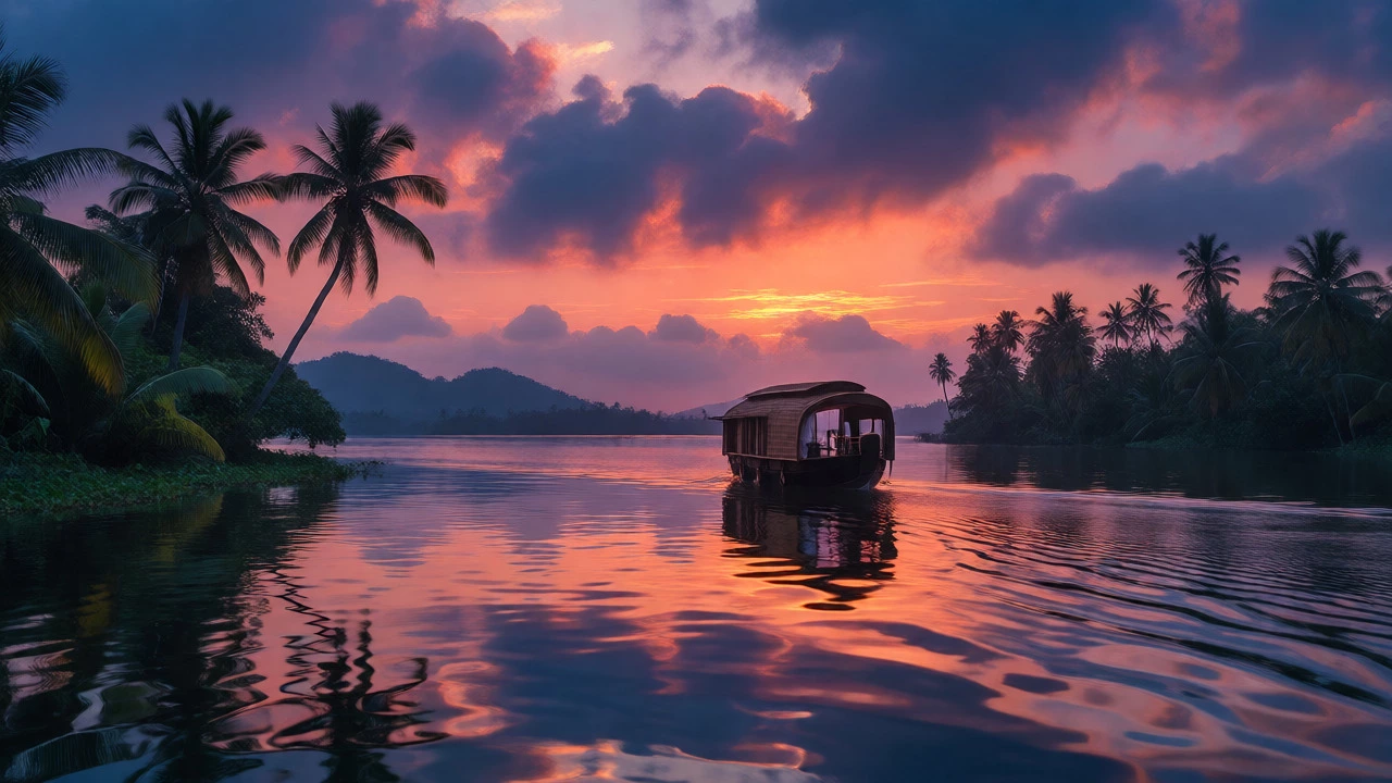 Traditional houseboat on Kerala backwaters during a vibrant sunset