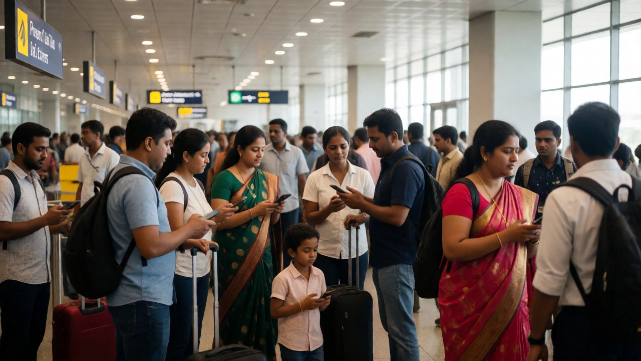 Travelers navigating a busy arrivals hall in a major South Indian city, looking for transport options.