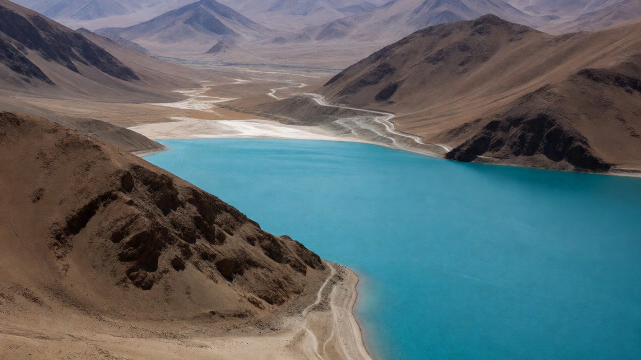 Turquoise Pangong Lake surrounded by mountains