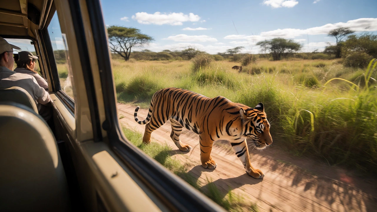 Viewers in a safari bus watch a Sumatran tiger walk across the grassland.
