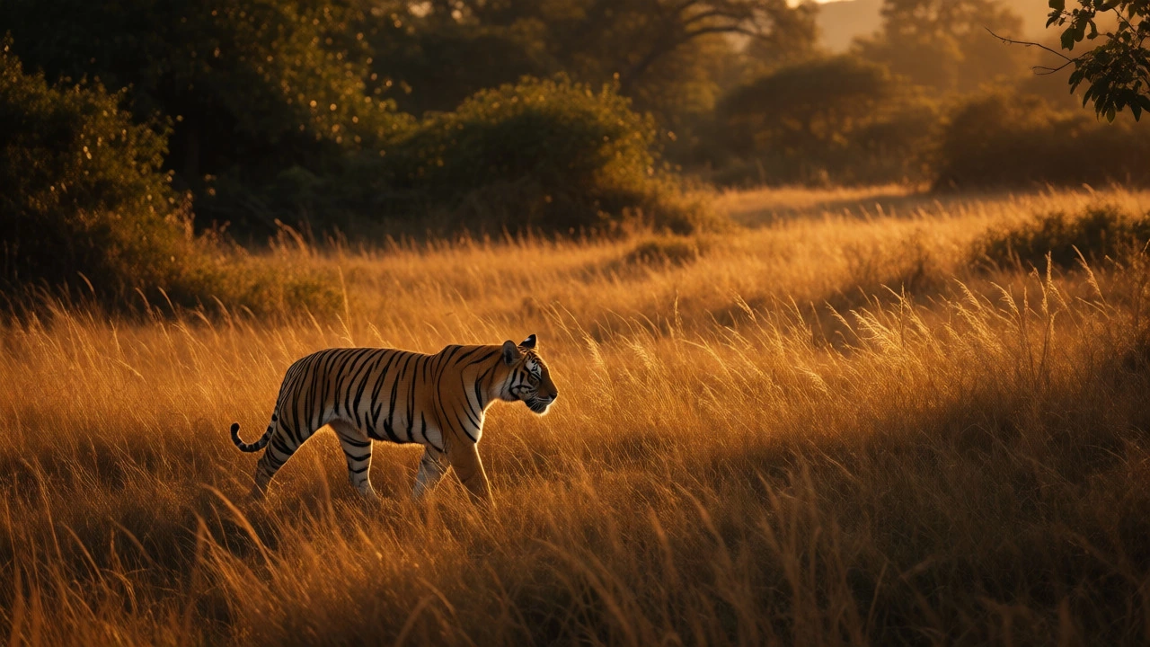 A Bengal tiger walking freely through tall grass in a sunlit Indian reserve.