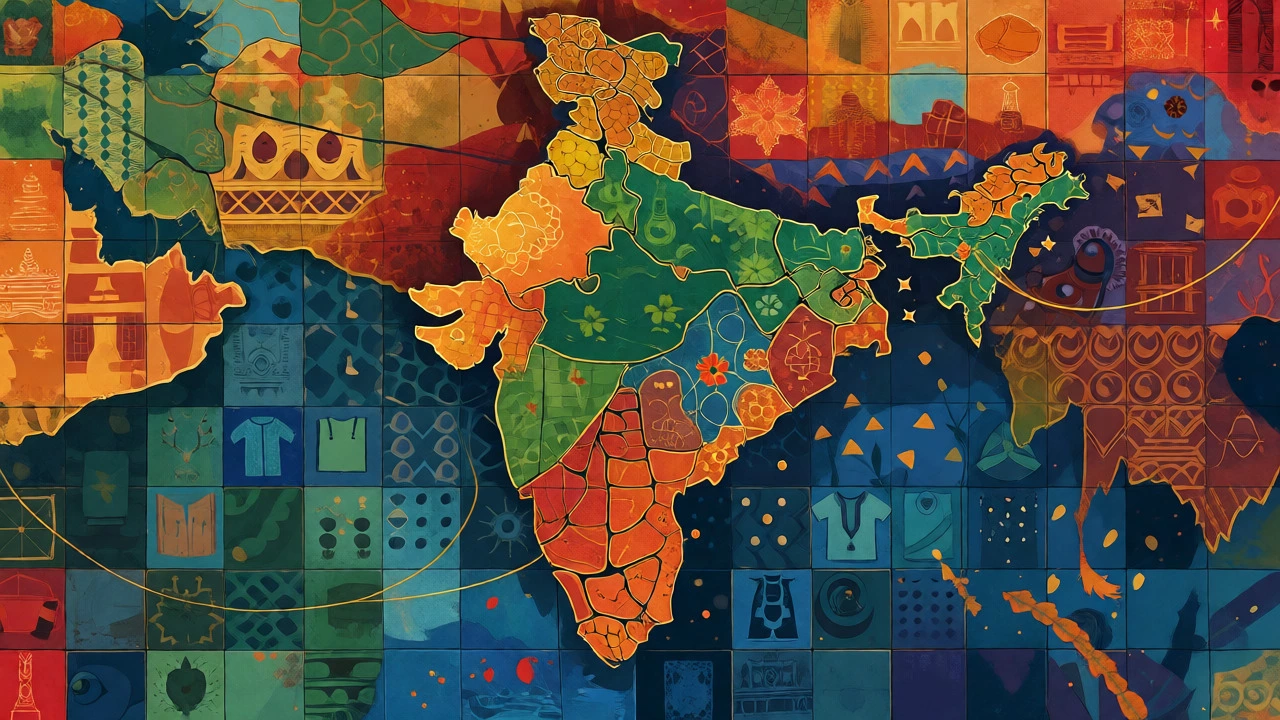 Colorful mosaic map of India showing diverse regional cultures