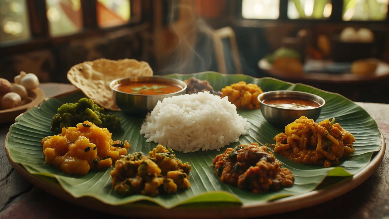 Colorful South Indian vegetarian thali served on a banana leaf