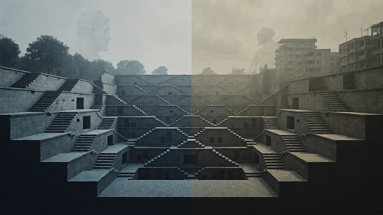 Conceptual art showing stepwell engineering versus pollution threats