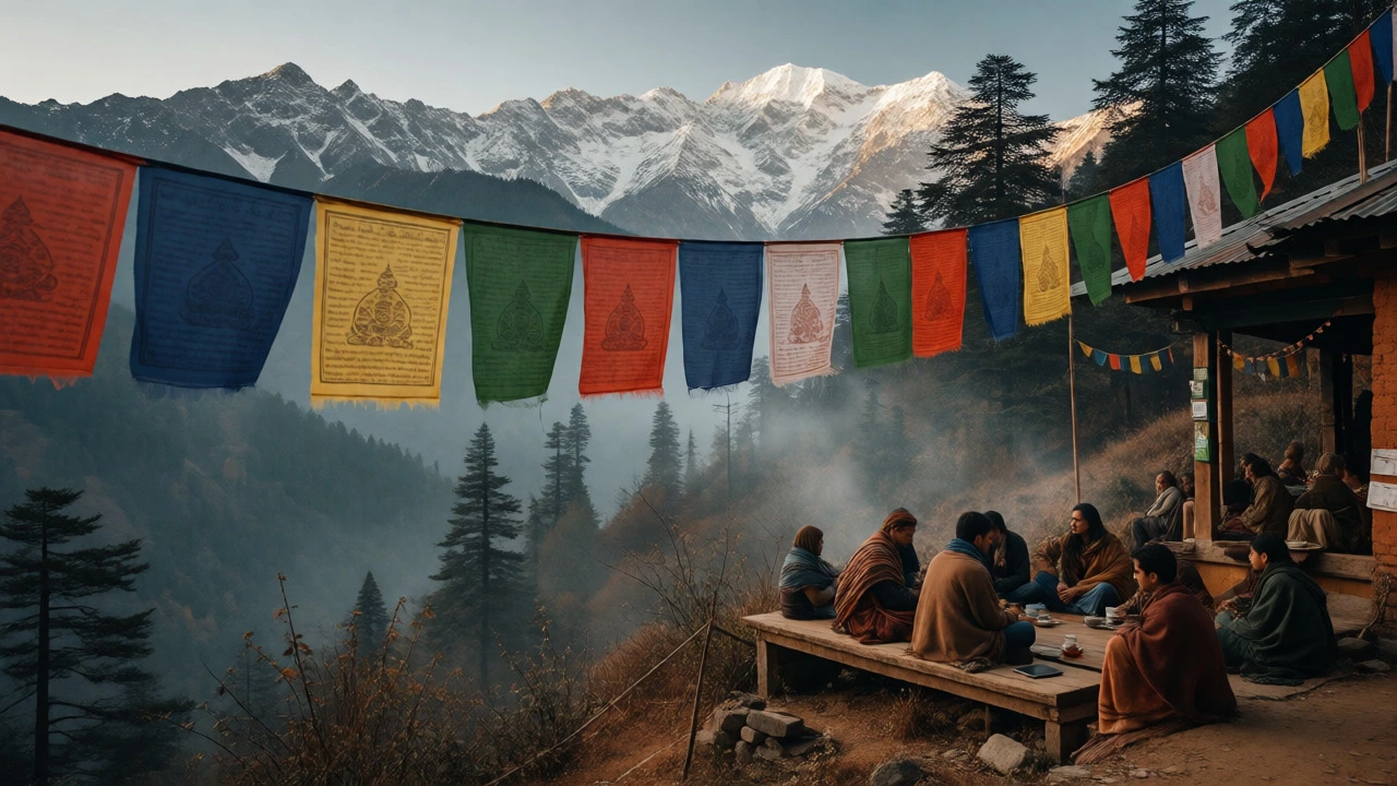 Digital nomads on a terrace in misty McLeod Ganj