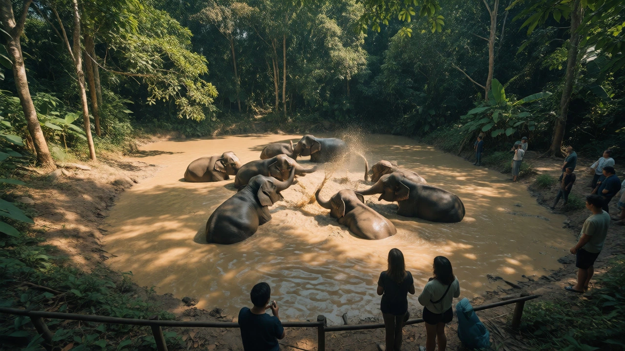 Elephants bathing in a mud pool while tourists observe from a distance.
