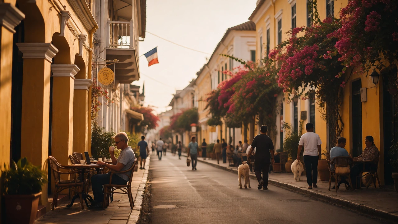 Expat relaxing at a cafe in colonial Pondicherry streets