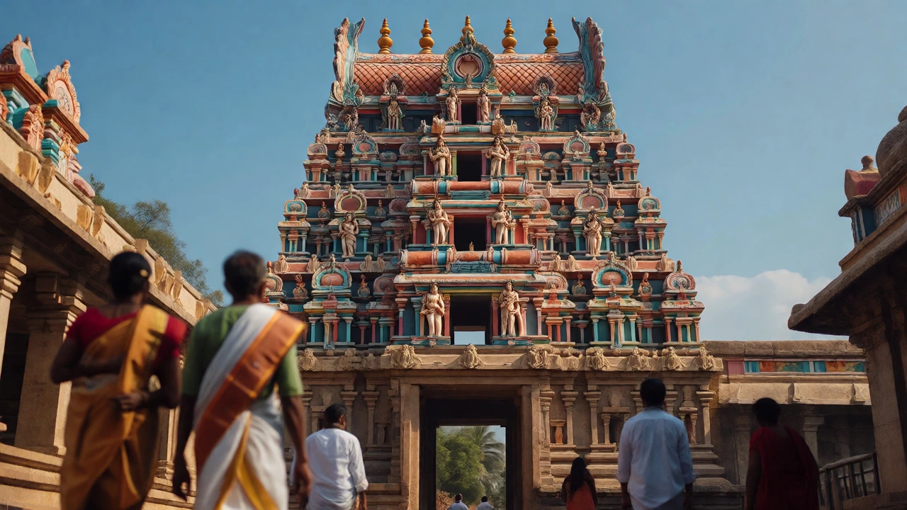 Intricate Dravidian temple tower in Madurai with devotees walking